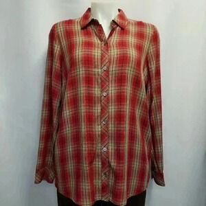 J. Jill Red Plaid Tan Black Plaid Button Front Rayon Blouse Top Small Christmas